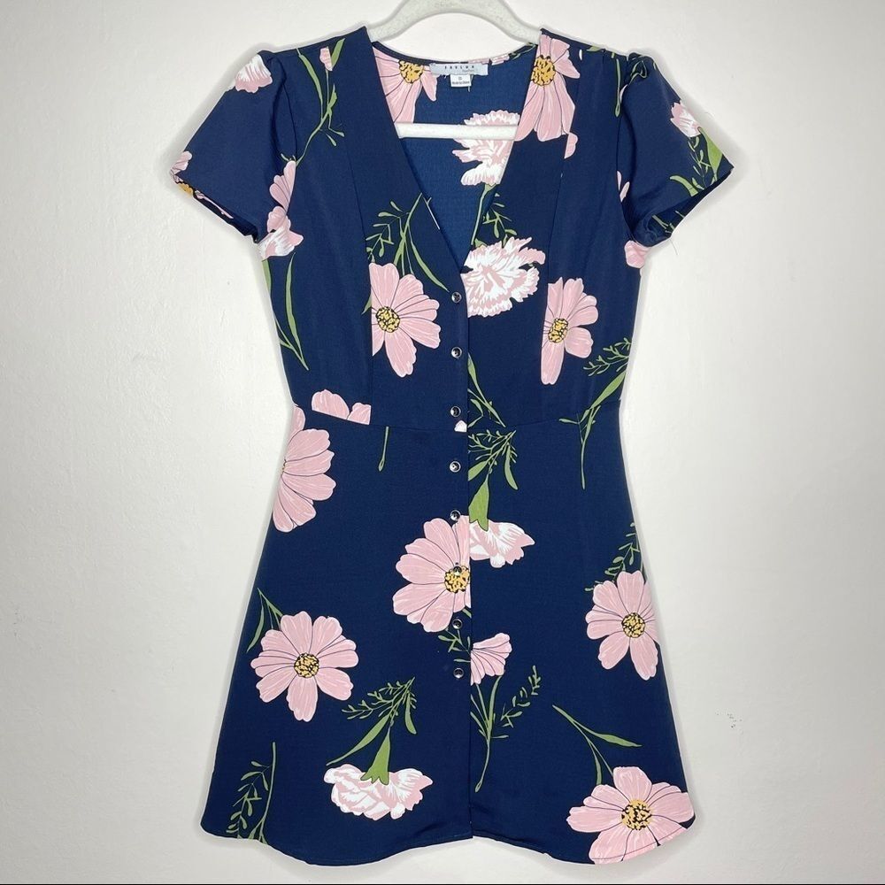JustFab‎ || pink floral navy fit and flare dress